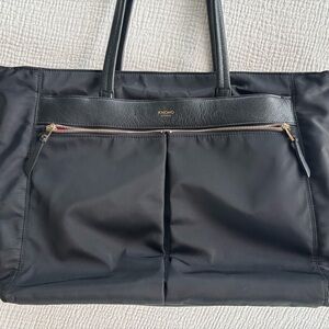 KNOMO Black Nylon Tote with Leather Trim and Front Zip Pocket